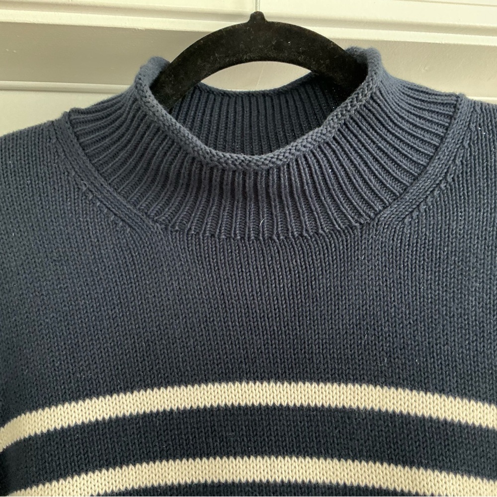 J. Crew women size M New Heritage Rollneck sweater navy stripe 100% cotton - Picture 3 of 7